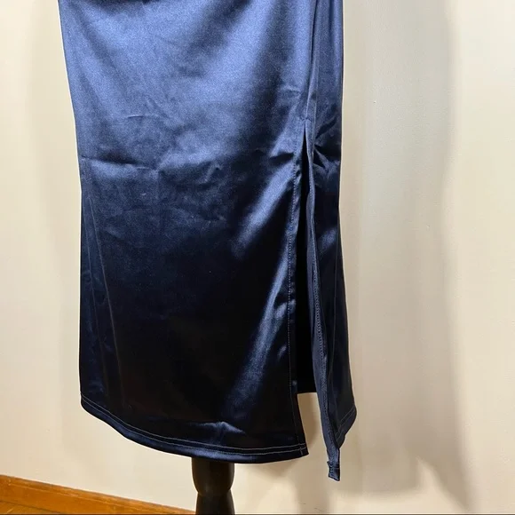 Romwe Women's Elegant One Shoulder Sleeveless Split Hem, Midi Dress Navy Blue L - Picture 3 of 13